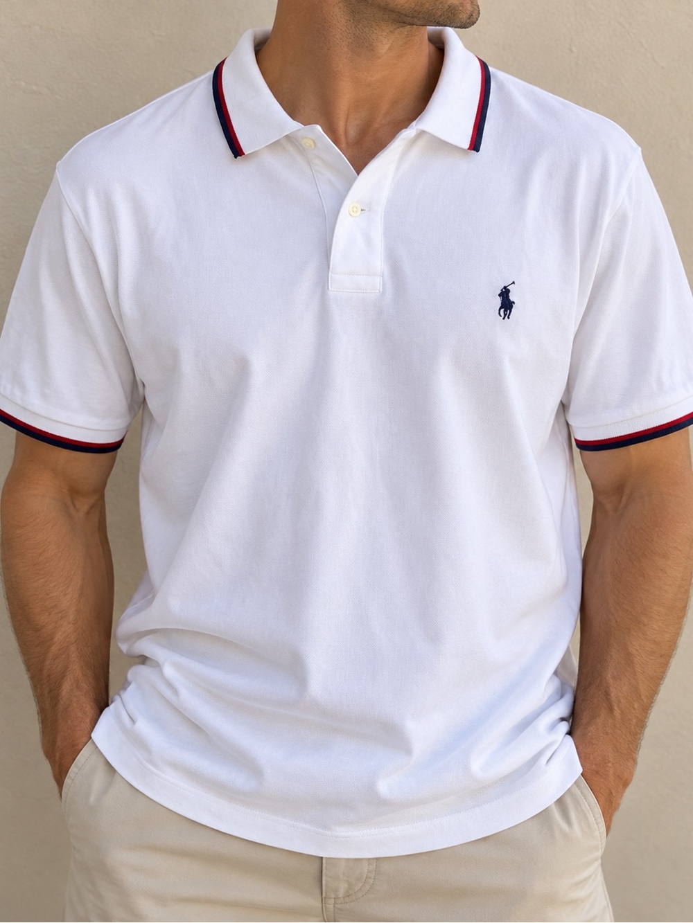 Polo Ralph Lauren White Classic Fit Polo Men’s XL Red Navy Tipped 100% Cotton